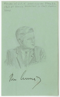 John F. Kennedy Autographed 3 x 5 File Card On Sketch Of JFK Drawn On 11/22/63 At Prayer Breakfast In Fort Worth, Texas - Possibly Last Autograph He Signed! (Beckett)